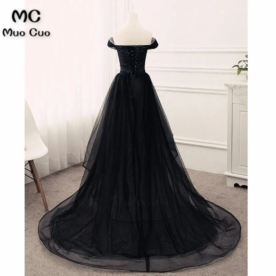 Женское вечернее платье с открытыми плечами Черное длинное официальное оборками