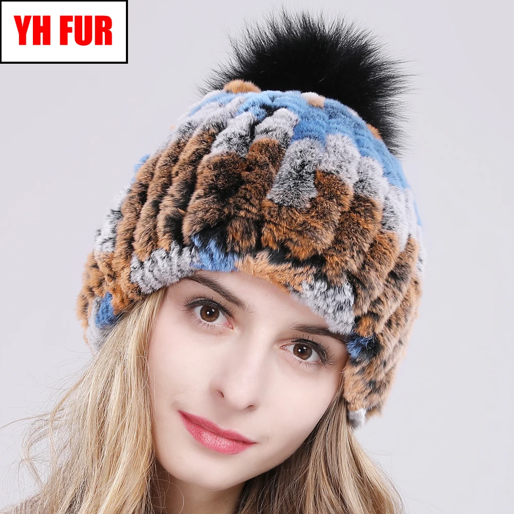 DIY хорошо тянутся натуральный шапка из меха кролика Рекс женская зимняя теплая