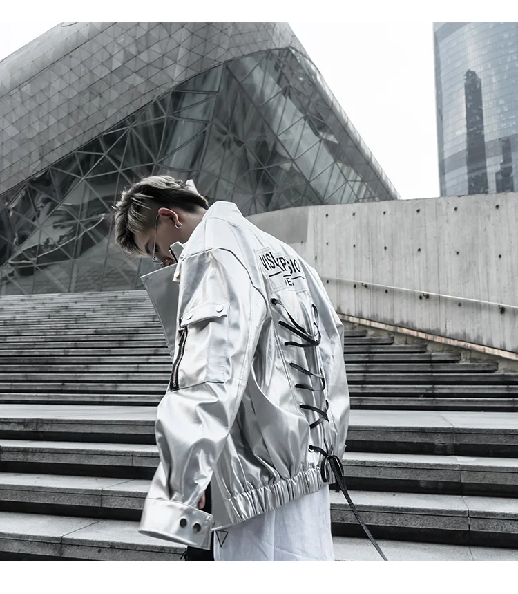 Silver Black PU Leather Jacket Men's Hip Hop Fashion Oversized Leather Jacket Coat Male Women Multi-pockets Lace Up Jackets
