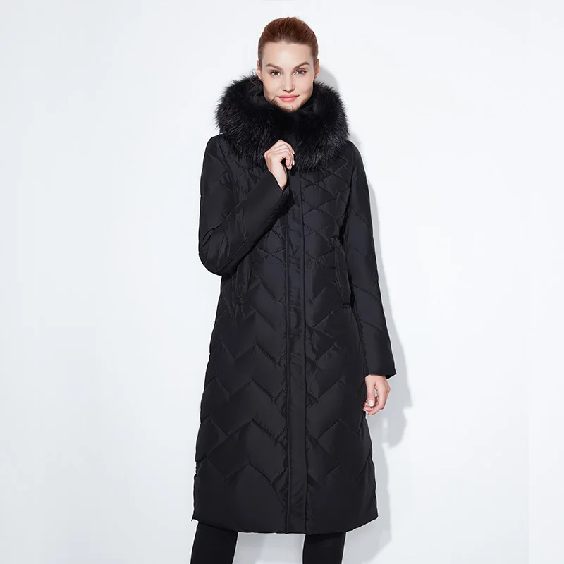 SnowClassic Жeнскaя зимняя кyрткa Куртка женская утепленная Толстая парка лисы верхняя одежда с меховым воротником модные однотонные Роскошные X-длинный тонкий сплошной - Цвет: black