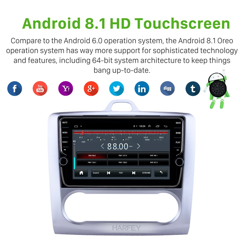 Автомагнитола Harfey 2DIN Android 8 1 для Ford Focus Exi AT 2004 2005 2006 2007 2008 2009 2010 с DSP 4RAM 32ROM 2.5D IPS |