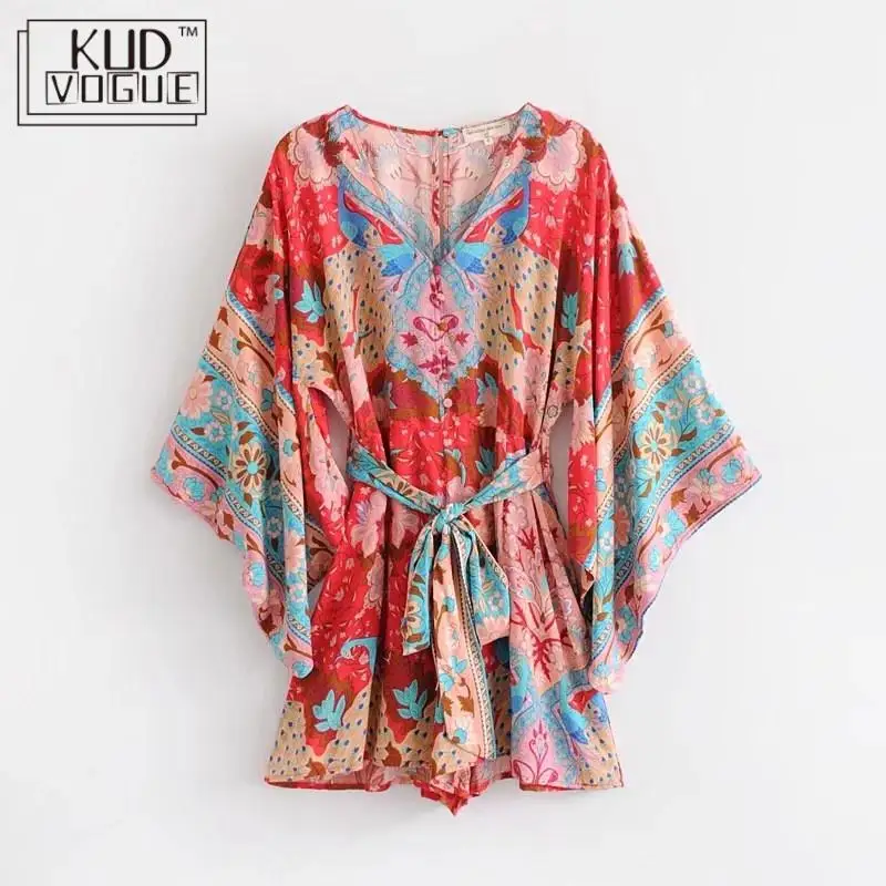 Boho красный цветочный принт рукав летучая мышь женское кимоно сексуальный
