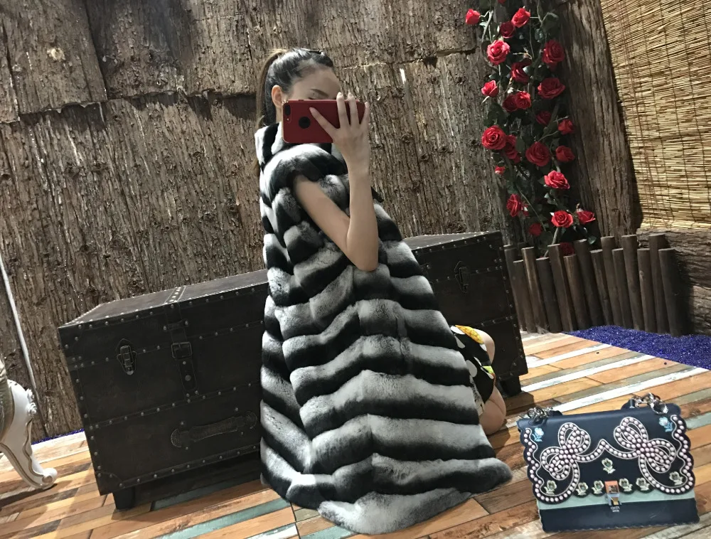 90cm Long Russian Rex Rabbit Fur Vest/Imitation Chinchilla Coat/Grey Diagonal Striped Gilet Coat Outwear Sleeveles/Plus Size | Женская