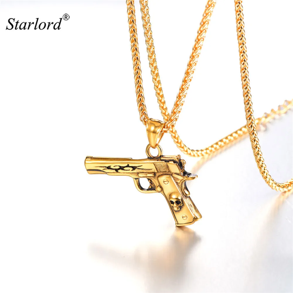 

M9 Pistol Pendant Necklace Stainless Steel/Gold/Black Hip Hop Weapon Jewelry Skull GUN Jewelry Gift For Men GP3248