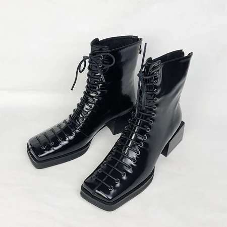 black Silla liners/Новинка; зимние ботинки на квадратном каблуке; женские полусапожки из натуральной кожи на шнуровке и молнии; Женские ботинки в байкерском стиле в стиле ретро - Цвет: black