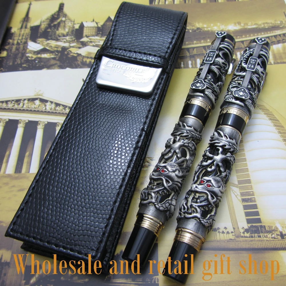 2pcs pen Jinhao Dragon Phoenix Heavy gray Chinese Classical Luck Clip and pen bag free shipping