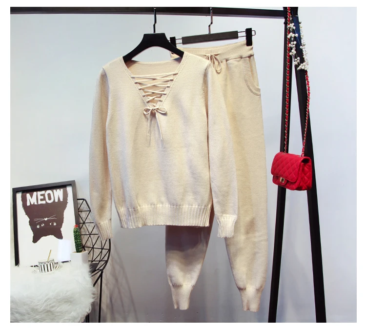 ALPHALMODA, женские зимние вязаные костюмы, шнуровка, v-образный вырез, длинный рукав, свитер+ трикотажные брюки-карандаш, женские повседневные комплекты из 2 предметов - Color: Beige