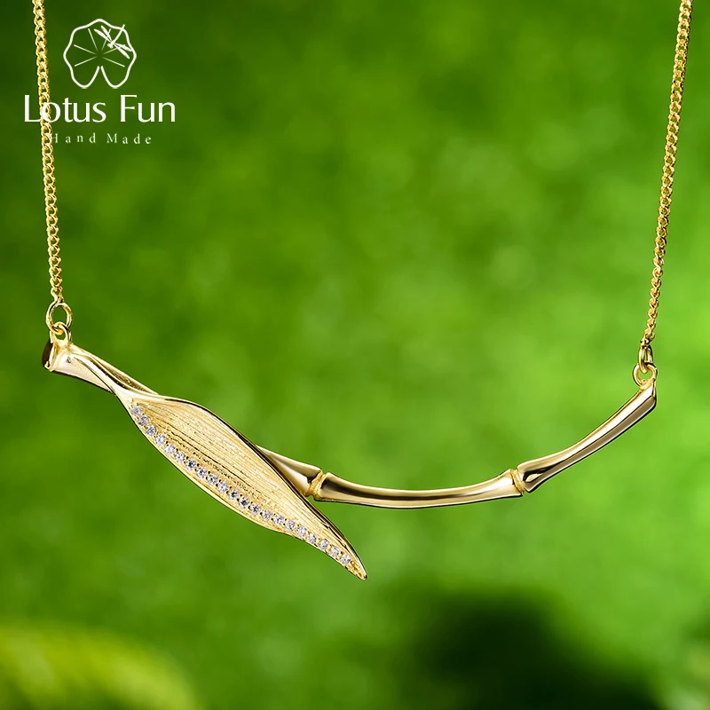 

Lotus Fun Real 925 Sterling Silver Designer Original Fine Jewelry Morning Dew on Bamboo Leaf Pendant Necklace for Women