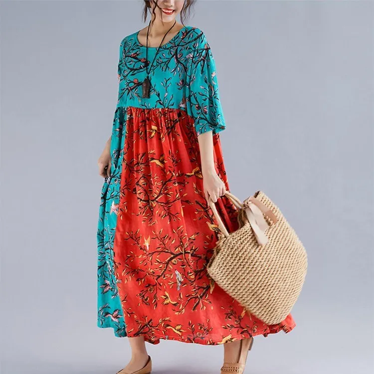 Мода 2019 женские Лоскутные хлопковые льняные свободные платья с круглым вырезом