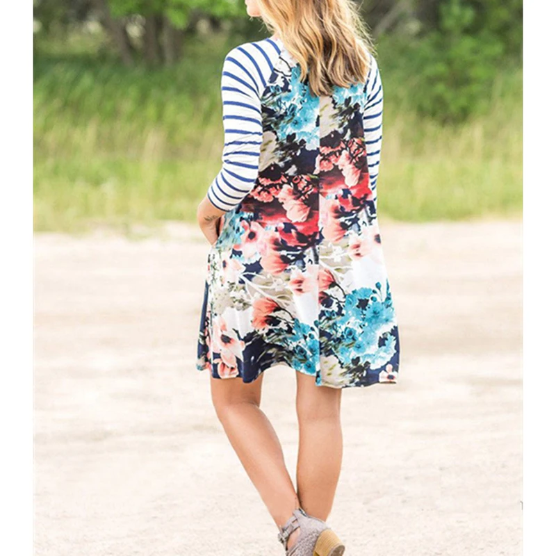 

Womens Floral Printed summer autumn mini dress Ladies fashion three quarter sleeve o-neck striped patchwork casual mini dress