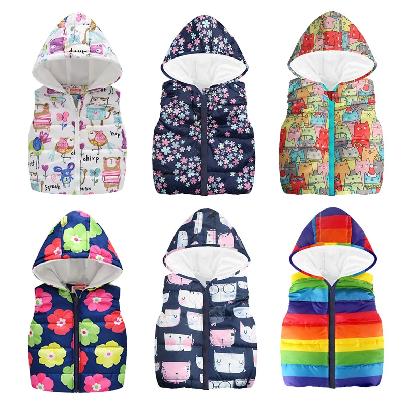 

Cheaper Autumn Winter Warm Kids Vests For Boys Cartoon rainbow Outerwear Sleeveless Hooded Jackets Gilet Baby Boy Coats