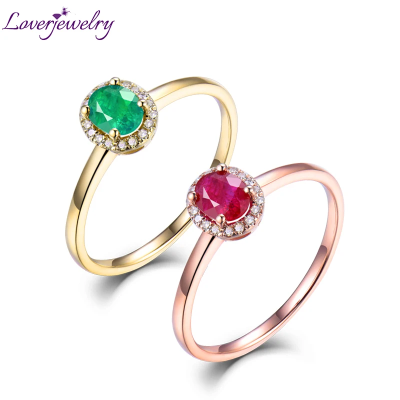 

14kt Yellow Gold Rings For Women Eternity Love Engagement Ring Natural Oval Emerald Ruby Gemstone Diamonds Lady Jewelry In Stock