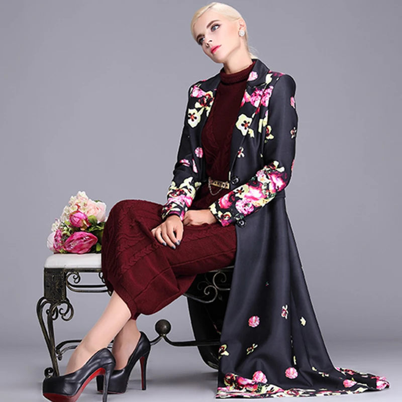 Для женщин нагрудные ветровка 2017 Демисезонный длинное пальто тонкий печати