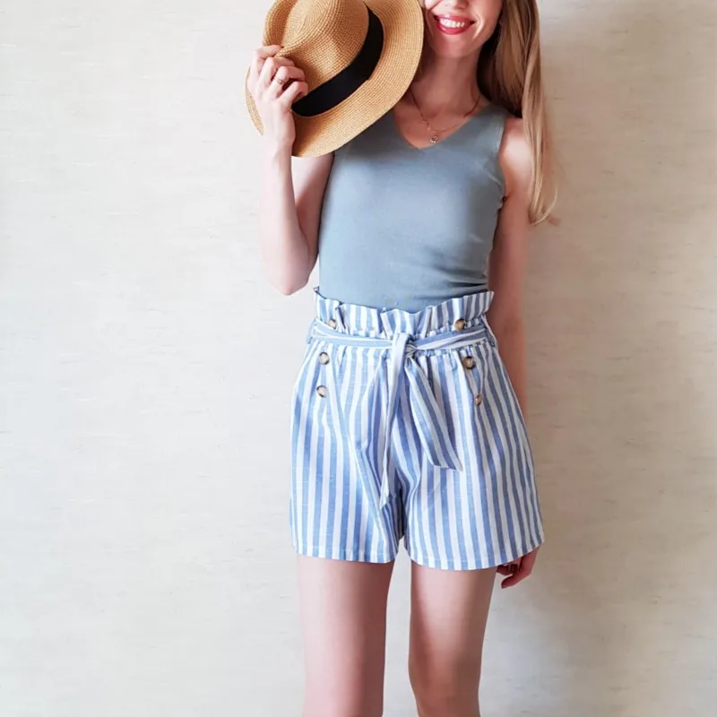 Blue High Waist Striped Sashes Shorts Women 2019 Summer Sexy Button Mini Harajuku Ladies Female|Женские шорты| |
