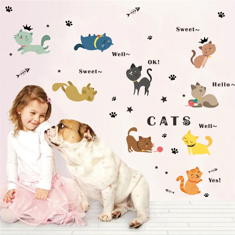 Цветные Милые наклейки на стену с изображением кошек для детской комнаты Детская
