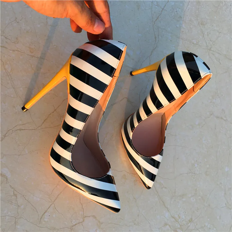 Black 12cm Heels Veowalk/женские пикантные туфли из лакированной кожи на высоком каблуке с полосками зебры; модные женские туфли-лодочки на шпильке с острым носком; обувь для вечеринок в африканском стиле - Цвет: Black 12cm Heels
