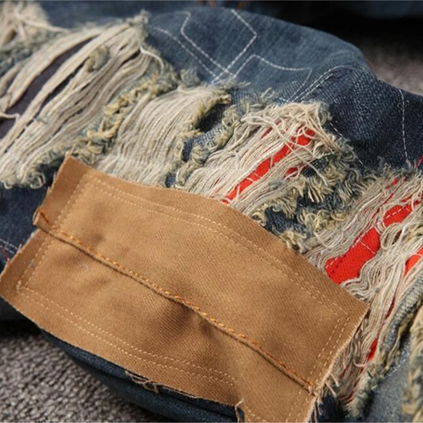 2018 г. мужские Новые Джинсы Свободные отверстия Лоскутная Slim Fit прямые джинсы