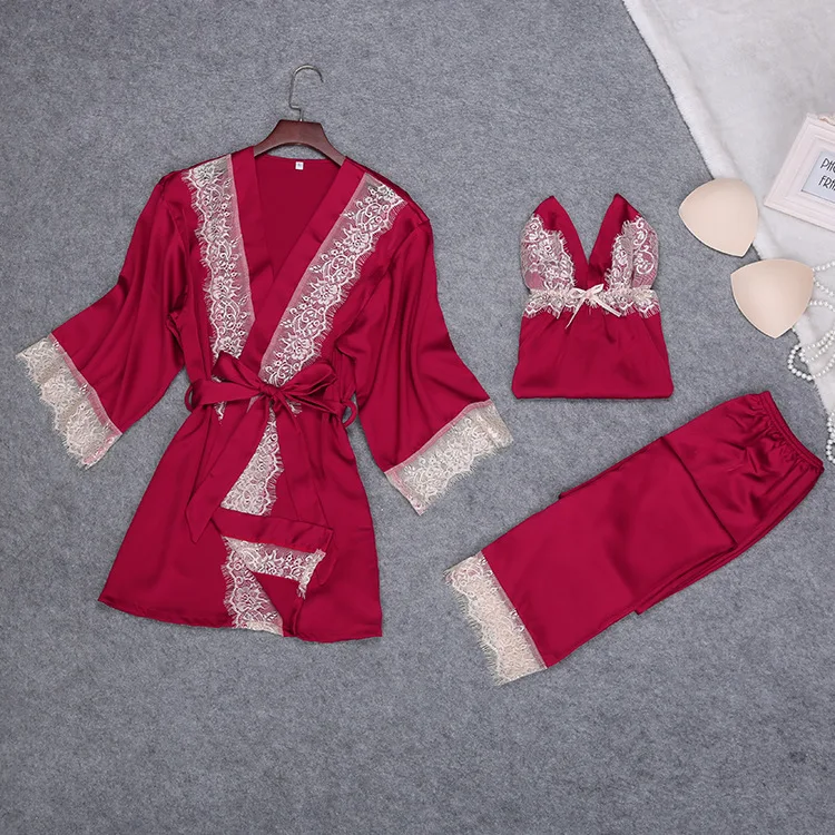 Новинка 2018 Женский комплект из 3 предметов топ на бретелях и штаны ночной халат