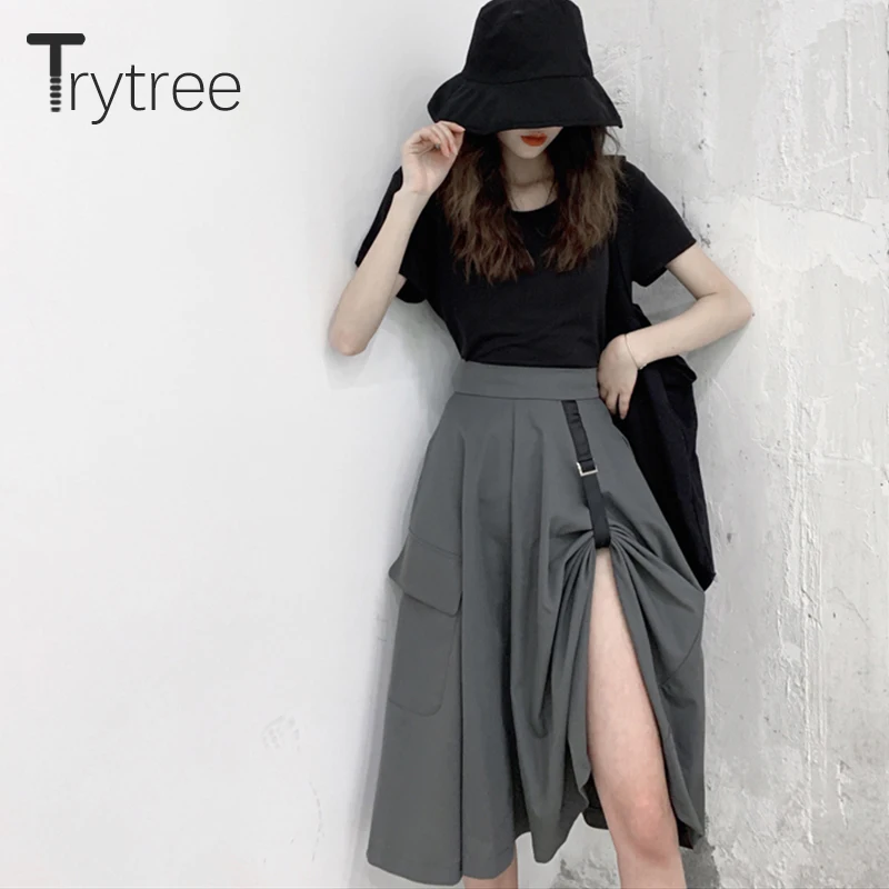 Trytree/Летняя Осенняя повседневная юбка для женщин, полиэстер, высокая талия, стиль сафари, карманы трапециевидной формы, юбка с разрезом по бокам, модные юбки