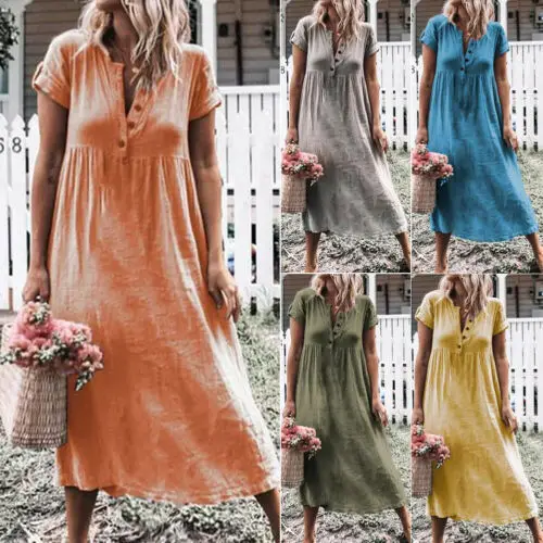 Женское платье-туника Boho длинное платье из хлопка и льна с коротким рукавом