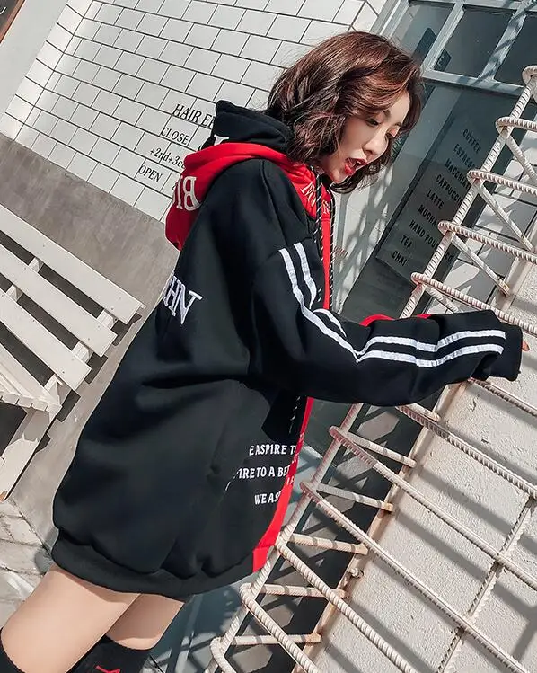 

Long section plus velvet thick letter spell color r shirt loose hooded dress female tide