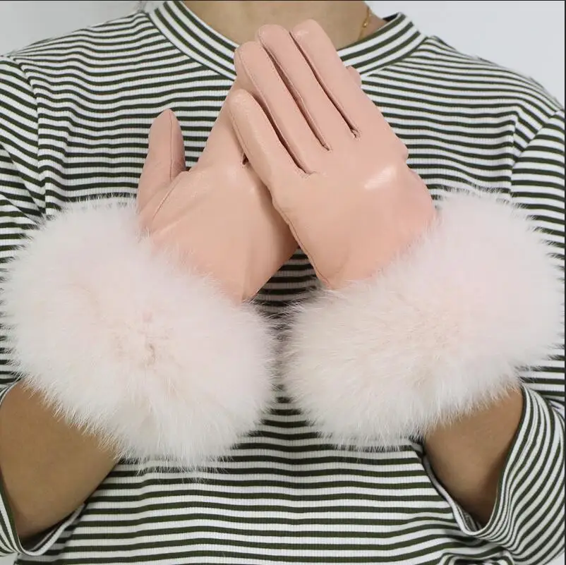 light pink Женские перчатки из натуральной кожи, зимние теплые перчатки из натуральной овчины и лисьего меха, модный стиль, натуральный Пушистый Лисий Мех* harppihop - Цвет: light pink