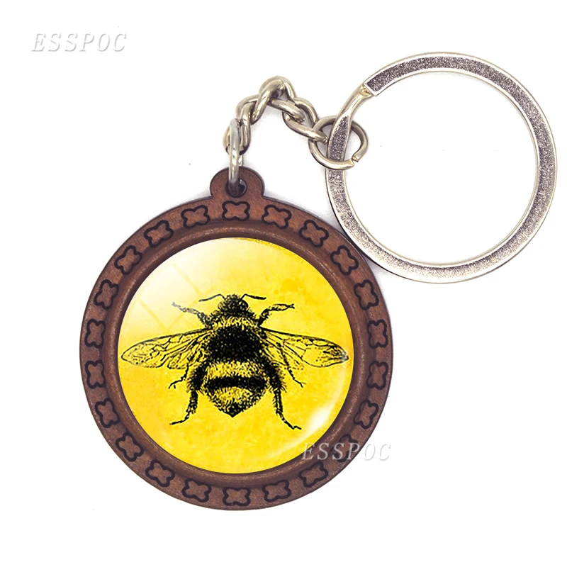 Желтый стеклянный кабошон Honeybee винтажный деревянный брелок Ключи Подвеска