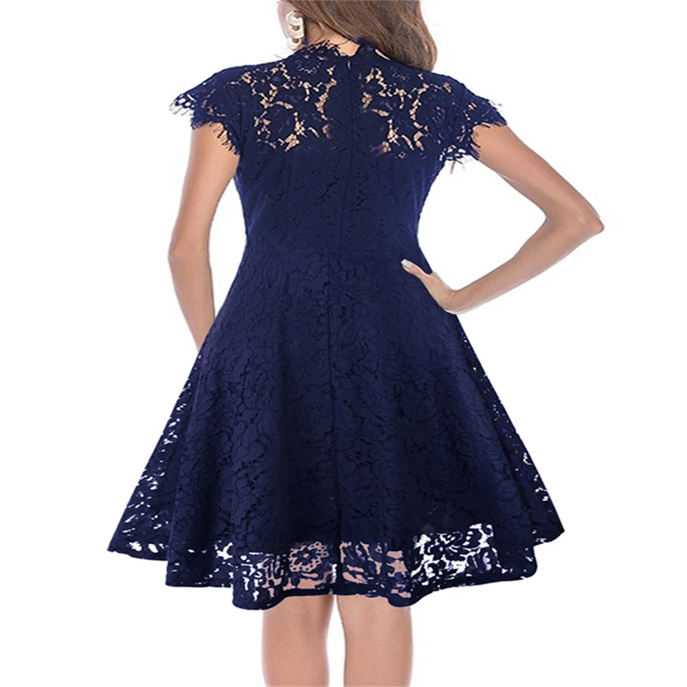 

Yuvie Sexy O Neck Cap Sleeves Women's Dress A-line Skater Puffy Swing Vestidos Knee Length Wedding Party Summer Black Lace Dress