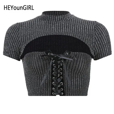 Темно-серый HEYounGIRL, Женская Повседневная Блестящая футболка с коротким рукавом, Женская бандажная Элегантная футболка, Женская открытая Сексуальная укороченная футболка, Летняя Вечеринка - Цвет: Темно-серый