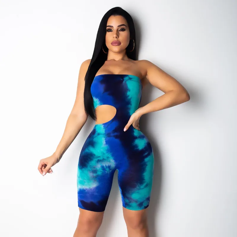 ANJAMANOR галстук краситель без бретелек вырезанный Короткий Bodycon Jumsuit сексуальный