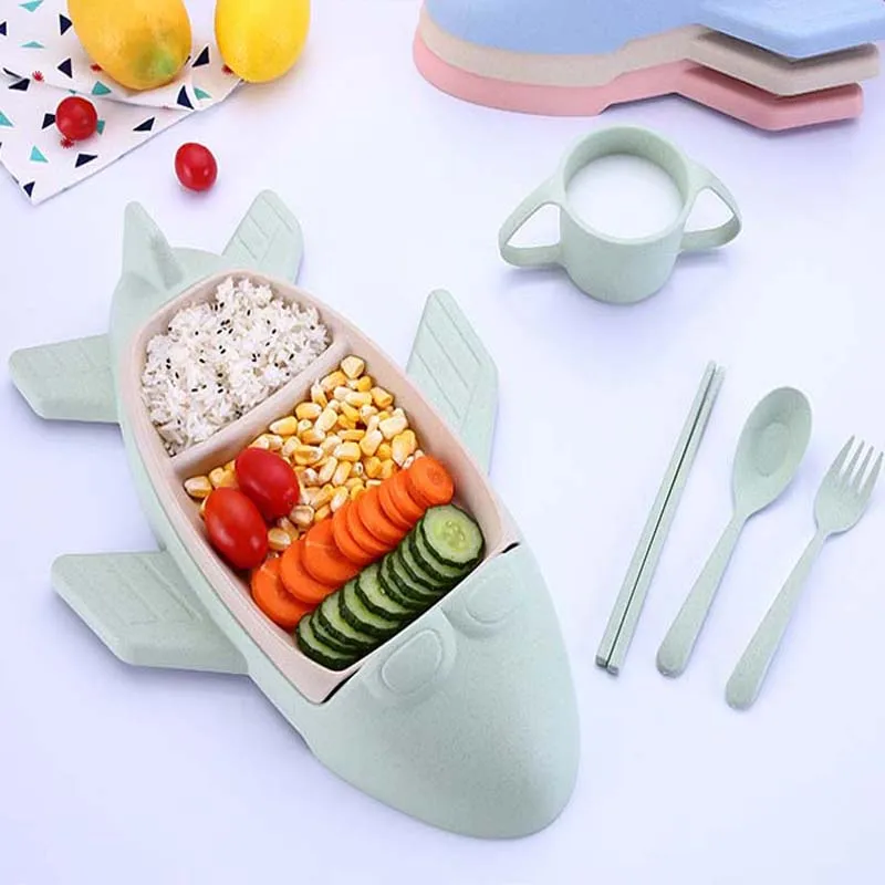 green 6pcs Самолет столовая посуда ложка Вилка нож набор палочек для еды для детей Дети Школа ужин тарелка лоток студенческий Ланч столовая посуда bento box - Цвет: green 6pcs