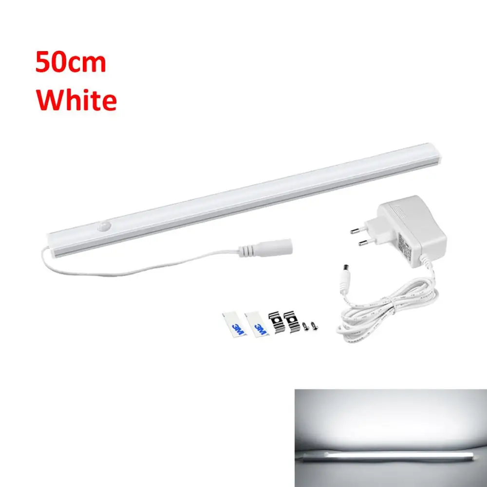 50CM White Кухонный Светильник с датчиком движения PIR, Детектор управления, автоматическое включение, выключение 12 В, светодиодный светильник для шкафа, жесткого бара, светильник+ 220 В, штепсельная вилка европейского стандарта - Цвет: 50CM White