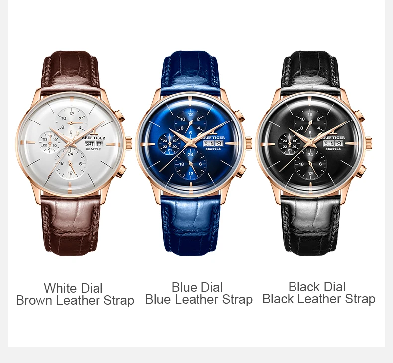 Reef Tiger/RT Топ брендовые Роскошные автоматические часы Reloj Hombre многофункциональные модные кожаные мужские часы из розового золота RGA1699