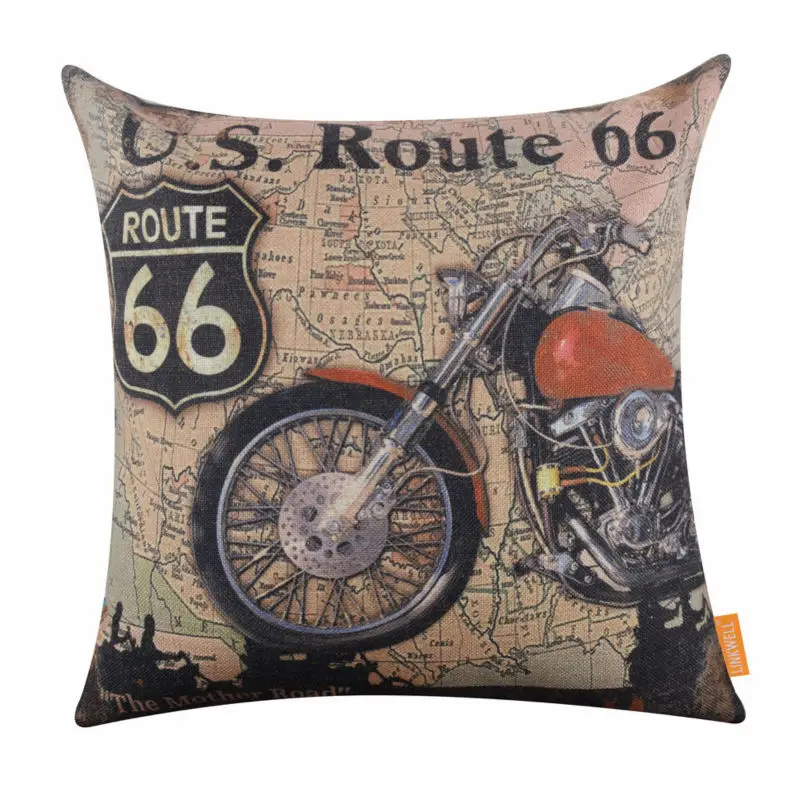 Винтажная наволочка LINKWELL 45х45 см для мотоцикла Route 66 карта мира Ретро стиль мамы и