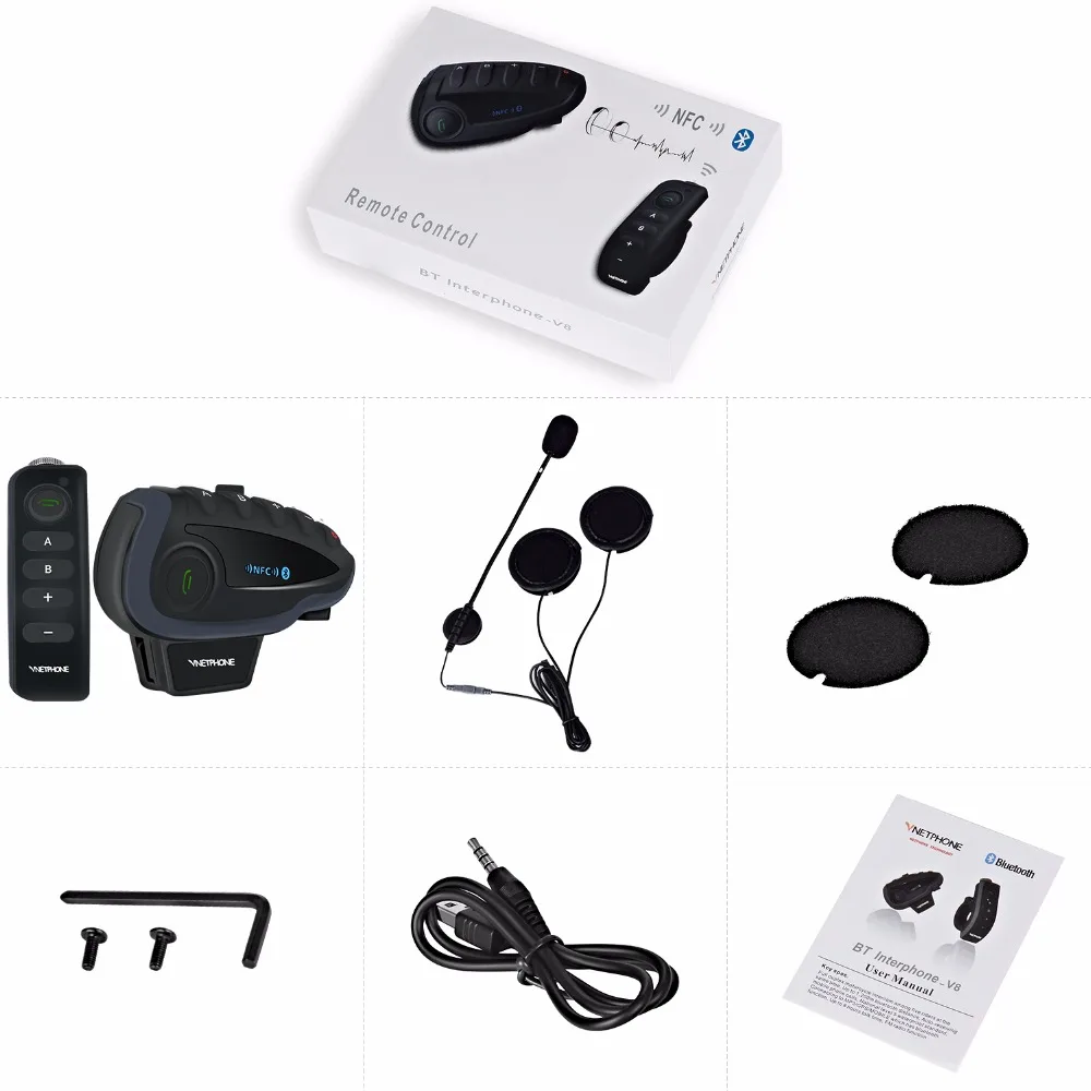 Vnetphone V8 1200M Bluetooth Motorcycle Helmet Intercom for 5 Riders Interphone Headset NFC/Telecontrol Remote Control FM Radio |