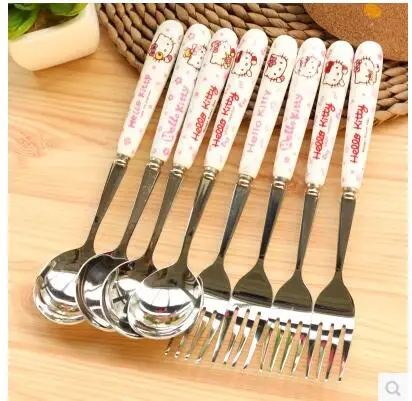 Красивый Catoon керамический обработчик + ложка из нержавеющей стали вилка лучше