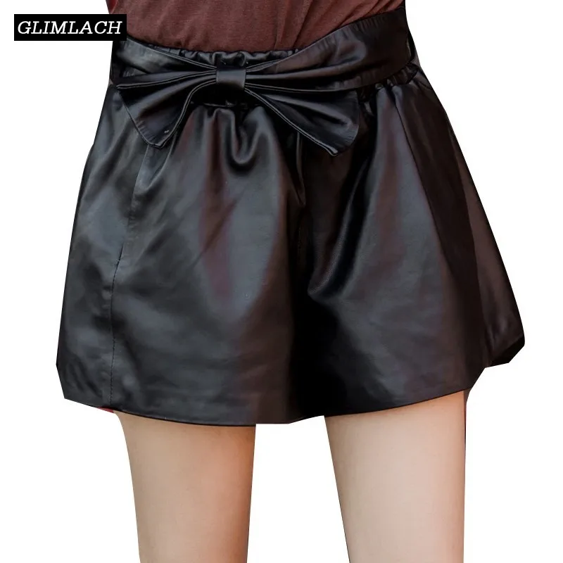 Korean Bow Sashes Lambskin Genuine Leather Shorts Women Real Leather Sexy Wide Leg Elastic Waist Hot Shorts With Belt Streetwear