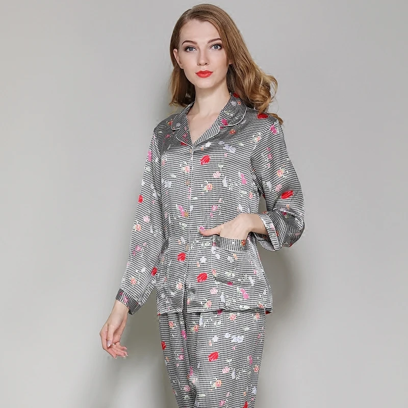 Womens Silk Pajamas Sets 2019Woman Plaid Full Sleeve Pants Silk Nightgown Lady100% Silk Satin Pyjamas Sleepwear Loungewear sets