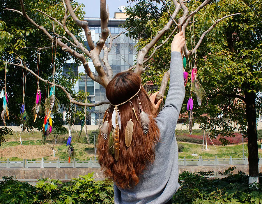 F&ampU New Accessories Hair Band Indian Peacock Feather Pendant Headband Rope Knitted Belt Elastic Hairband | Украшения и