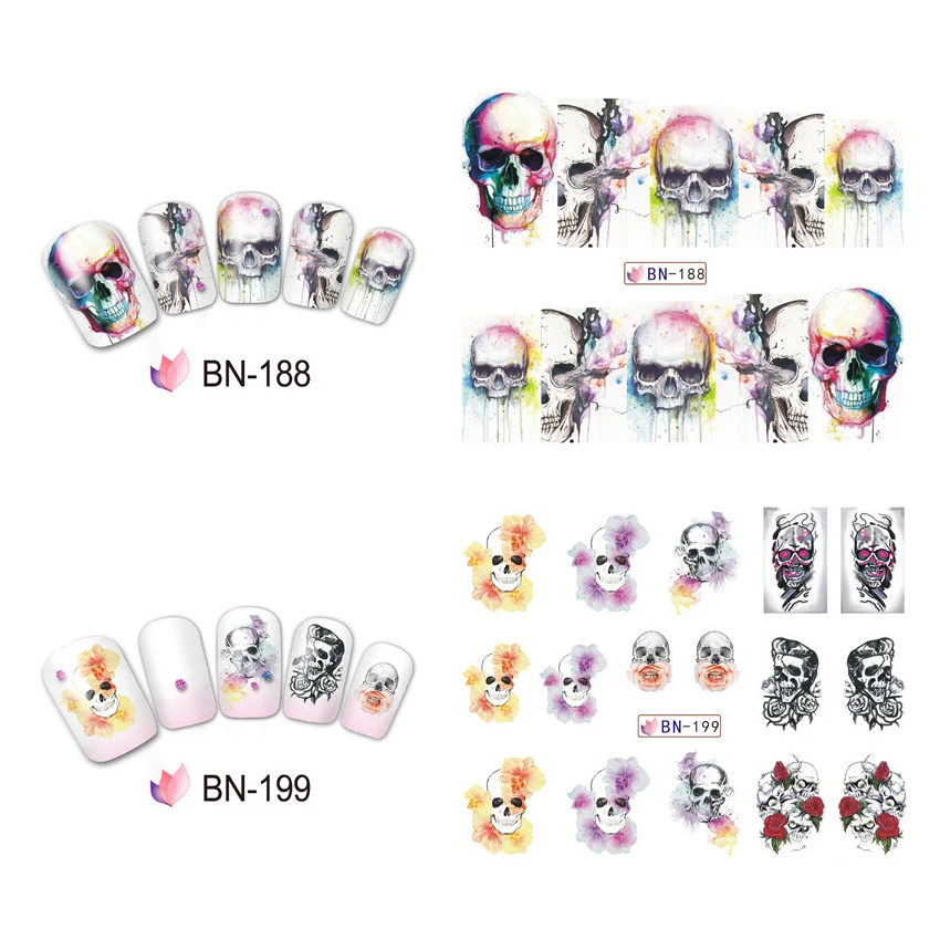 1 лист переводные наклейки для ногтей Череп Скелет наклейка на Хэллоуин узор