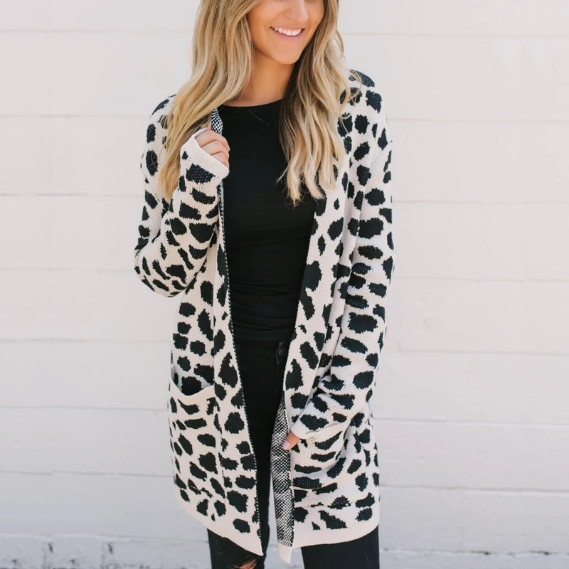 Elegant Leopard Print Cardigans Sweaters Women 2018 Autumn Winter Ladies Fashion Warm V-Neck Open Stitch Knitted Sweater Coats |