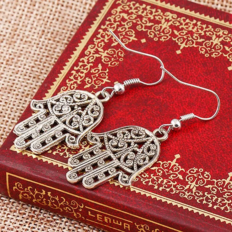 Античные с серебристым покрытием Фатима серьги руки для открытые женские