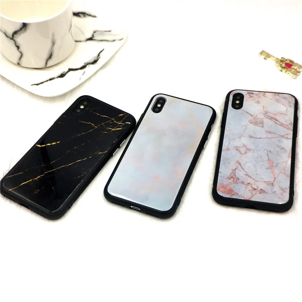 Стеклянный чехол для iphone 7 plus телефона Модный под мрамор черный белый розовый