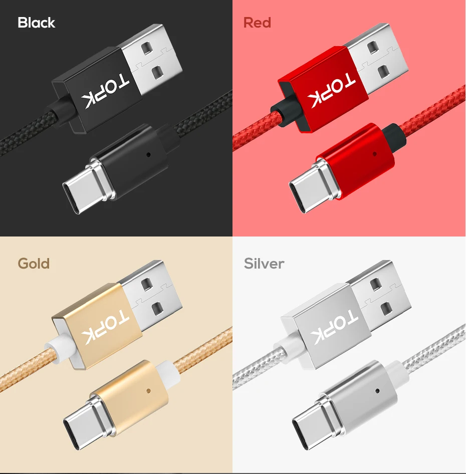 TOPK 1M 2M 2.4A Магнитный кабель type C, обновленный нейлоновый светодиодный кабель с индикатором USB C для зарядки и синхронизации данных USB C кабель для samsung