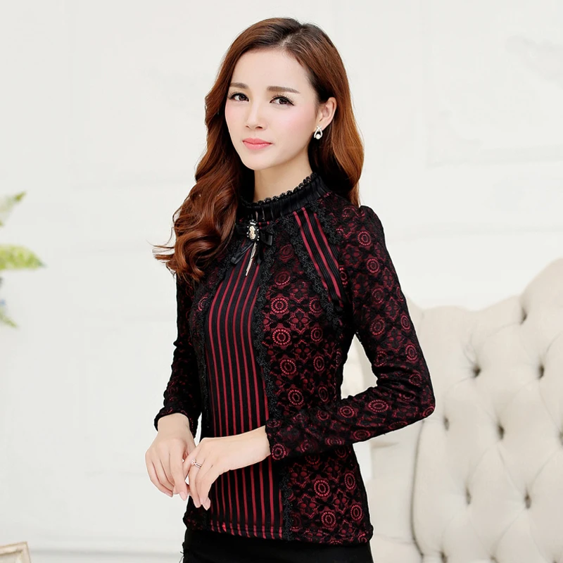 Новинка Осень Модная женская кружевная блузка плюс размер с длинным рукавом