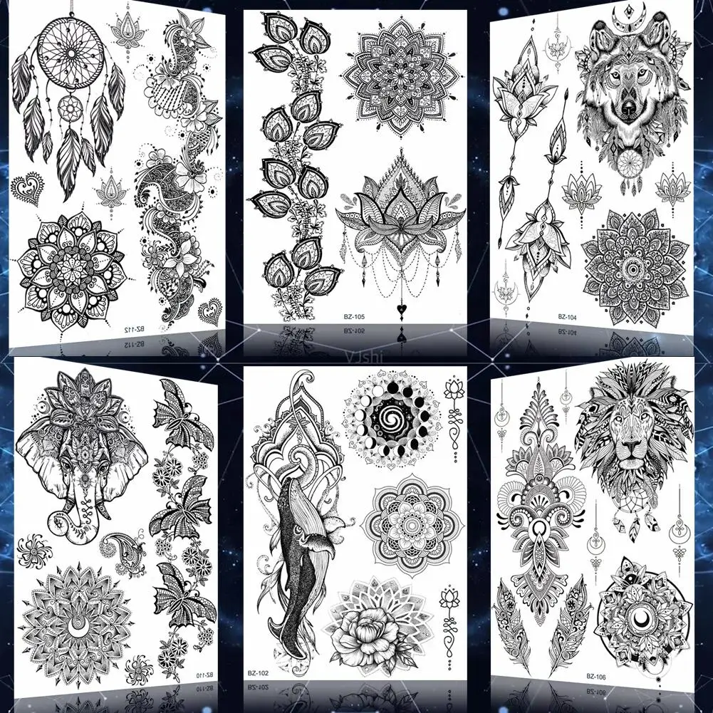 

Black Mehndi India Mandala Henna Floral Tattoos Stickers Body Arm Wedding Lace Tattoo Temporary For Women Wedding Girls Tatoos