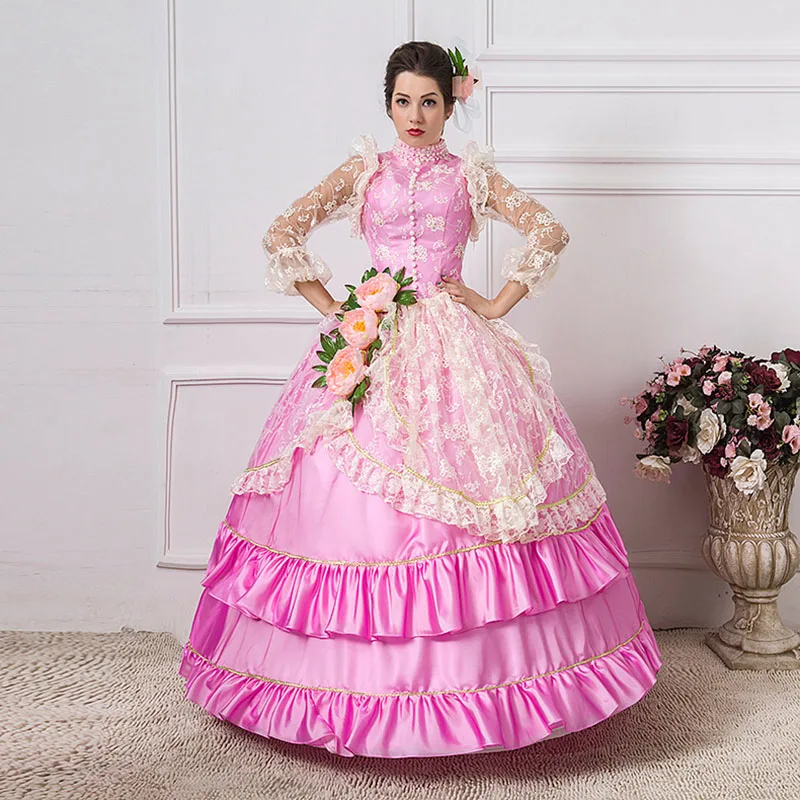 На заказ 2016 Королевский розовый кружевной с длинным рукавом Европейский корт