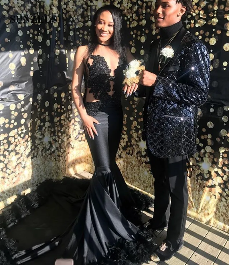 Black Mermaid Prom Dress With Feathers Beaded Appliques Illusion Top Sexy Party Gowns Long Black Girl Dress vestido de gala