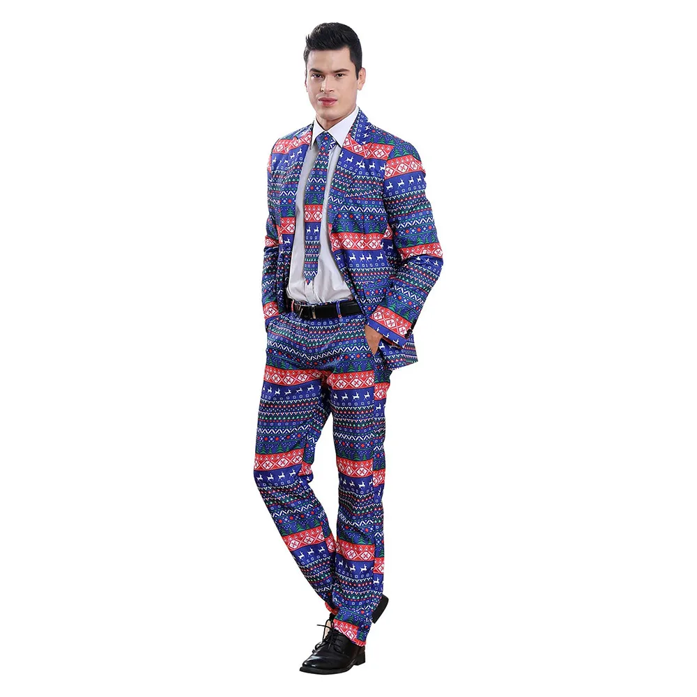 Рождественские костюмы Санта-Клаус Косплей Костюм мужской Рождество Slim Fit Модные синие полосатые костюмы Брюки смокинг для свадебной вечеринки