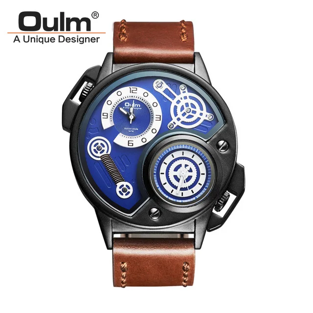 Blue Oulm Модные мужские спортивные часы Мужские Аналоговые кварцевые часы в стиле кэжуал часы водонепроницаемые часы с двойным часовым поясом кожаные Наручные часы мужские часы - Цвет: Blue